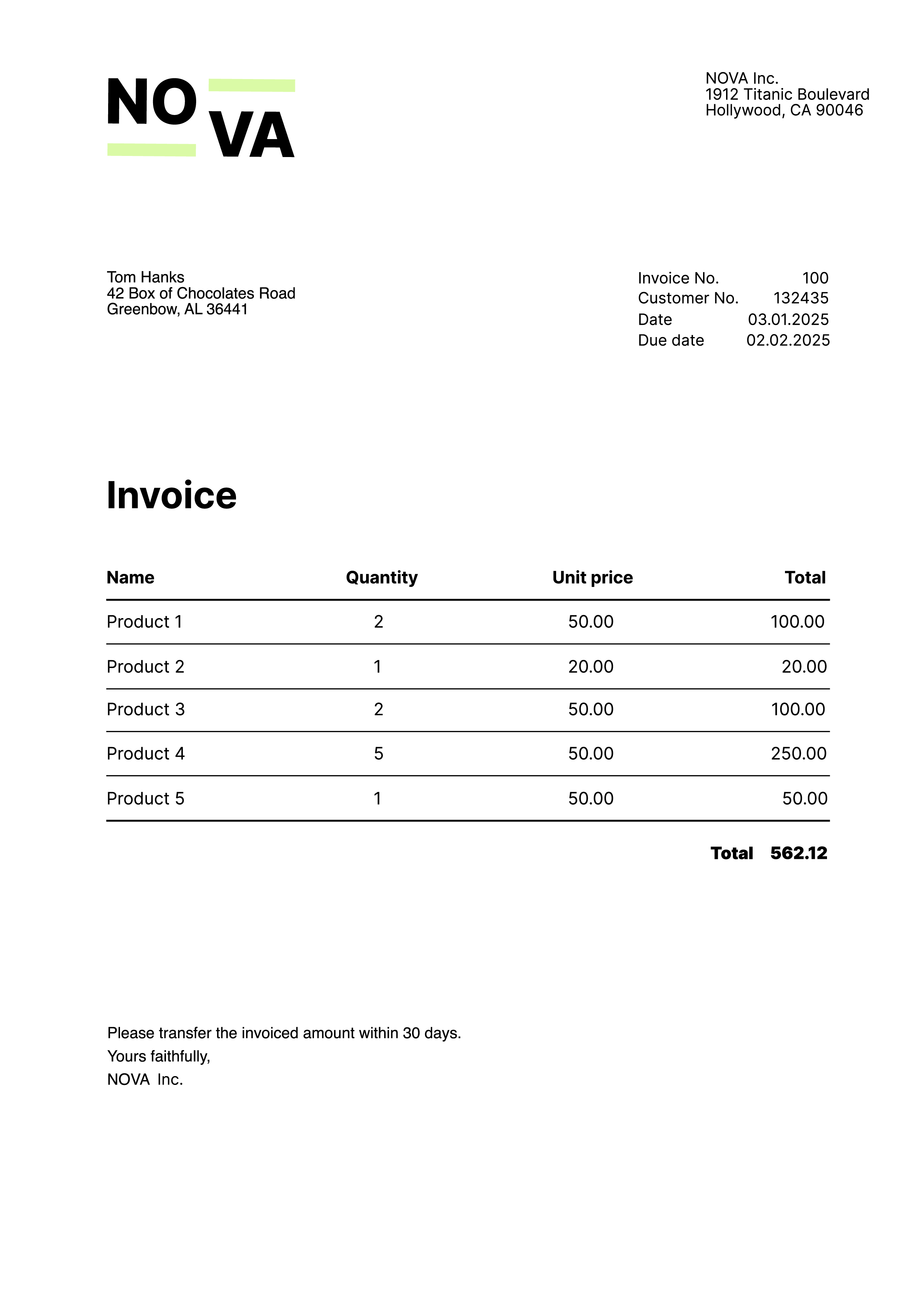 Invoice mailing service - invoice document