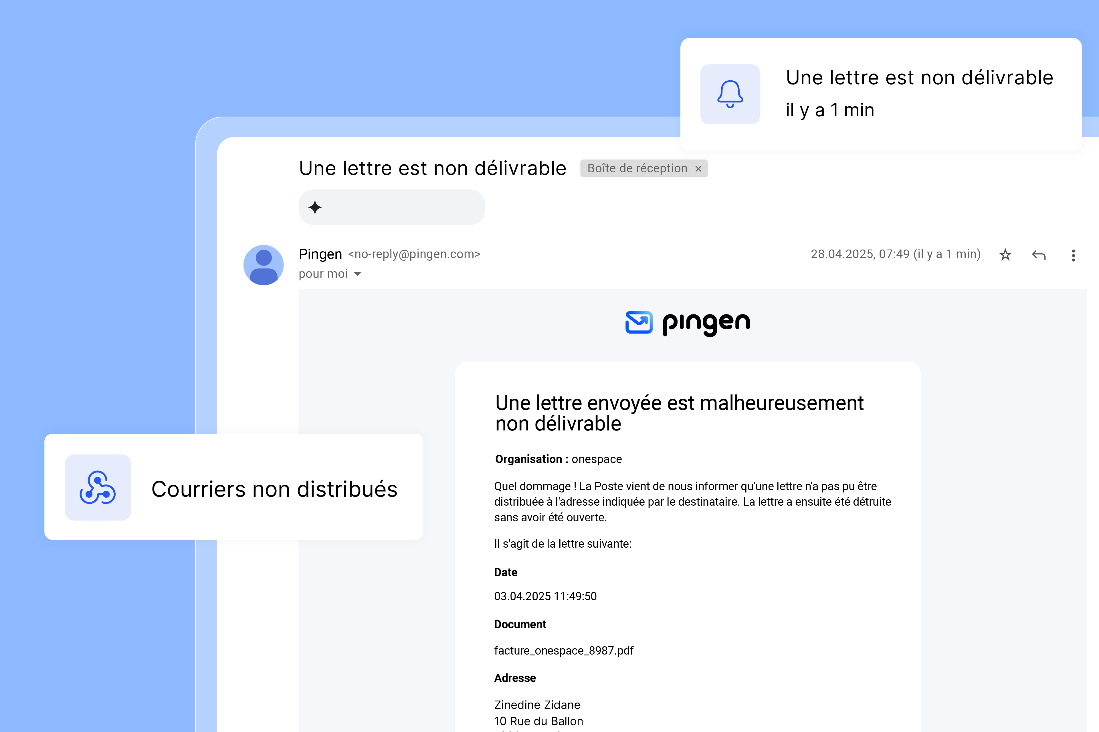 Notification par e-mail de Pingen concernant un courrier retourné