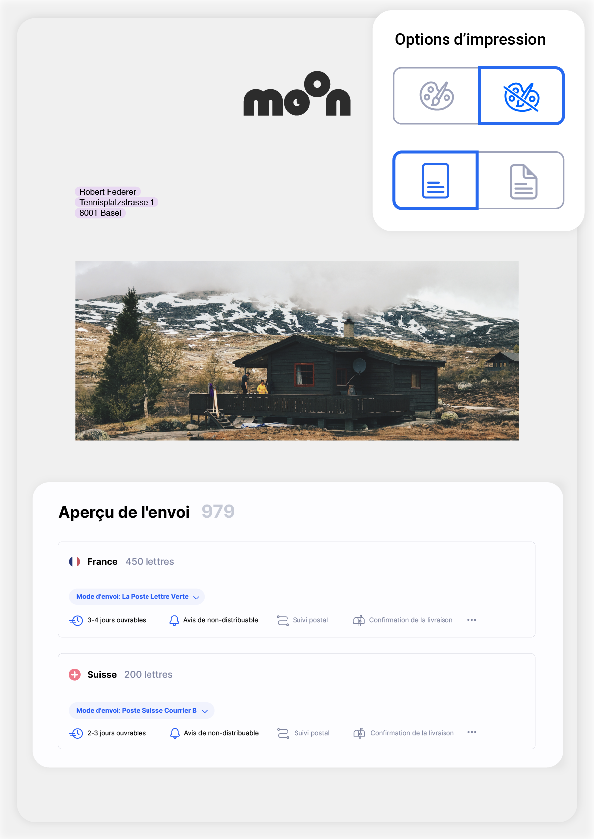 Éléments d’interface Pingen pour télécharger et envoyer des lettres personnalisées en ligne