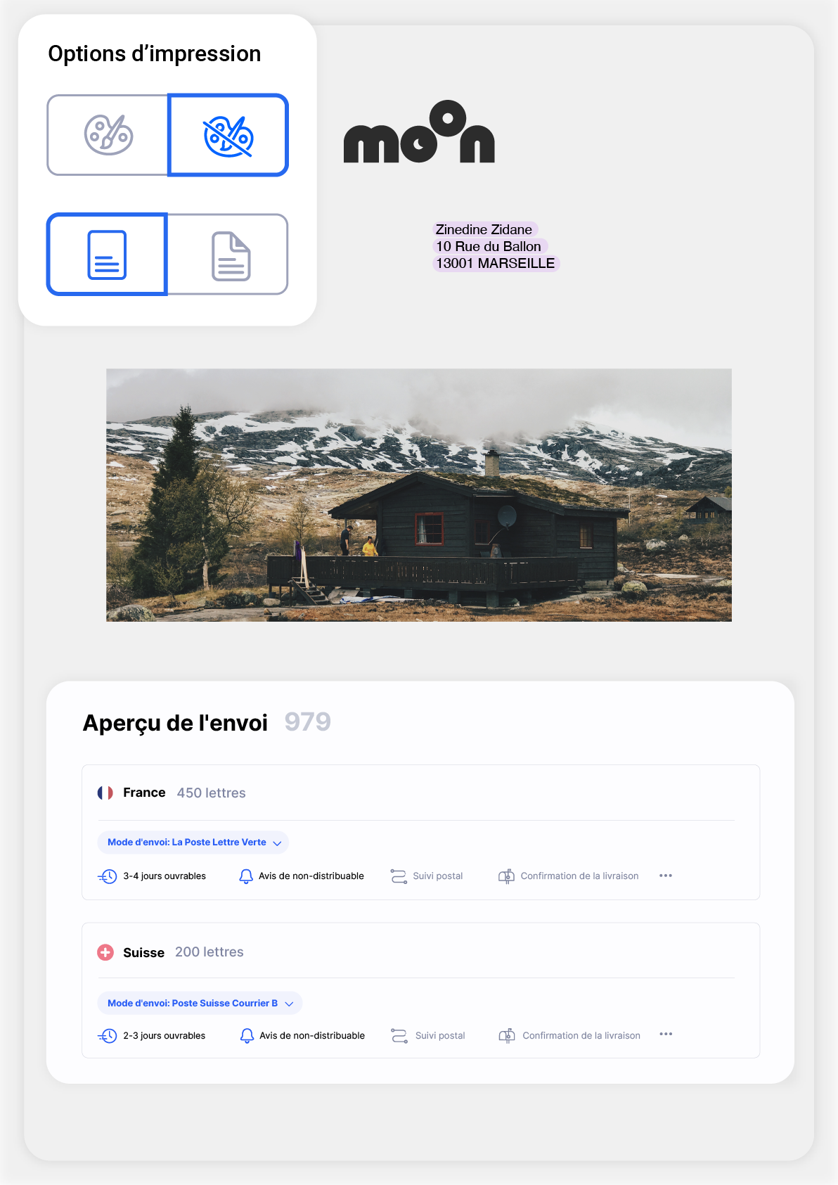Éléments d’interface Pingen pour télécharger et envoyer des lettres personnalisées en ligne