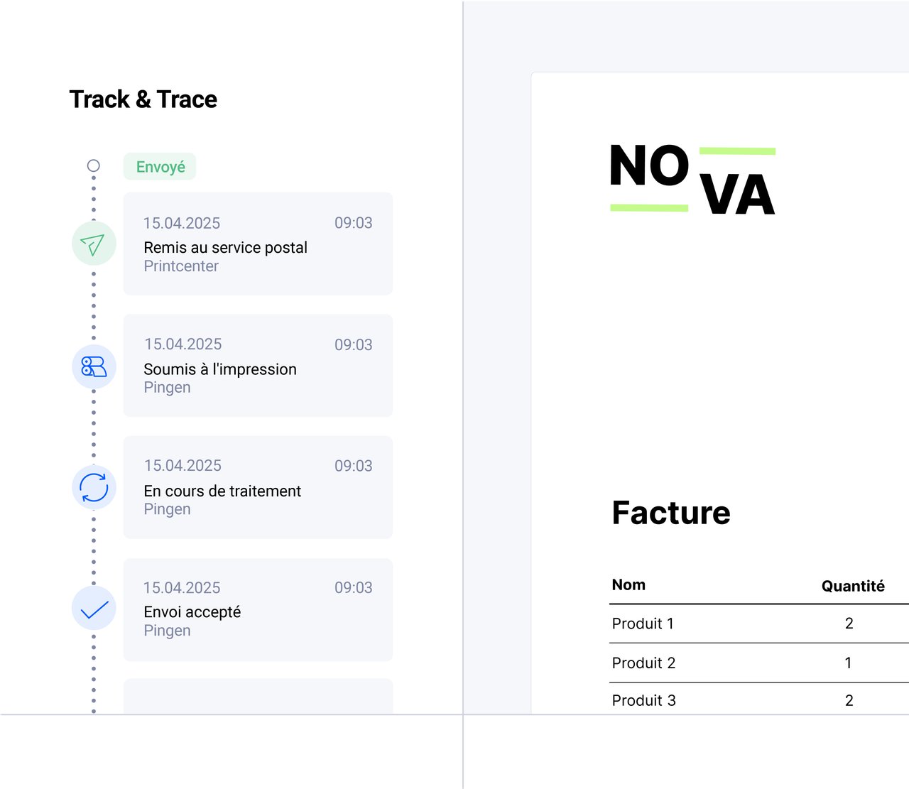 Pingen WebApp affichant le statut de suivi en temps réel