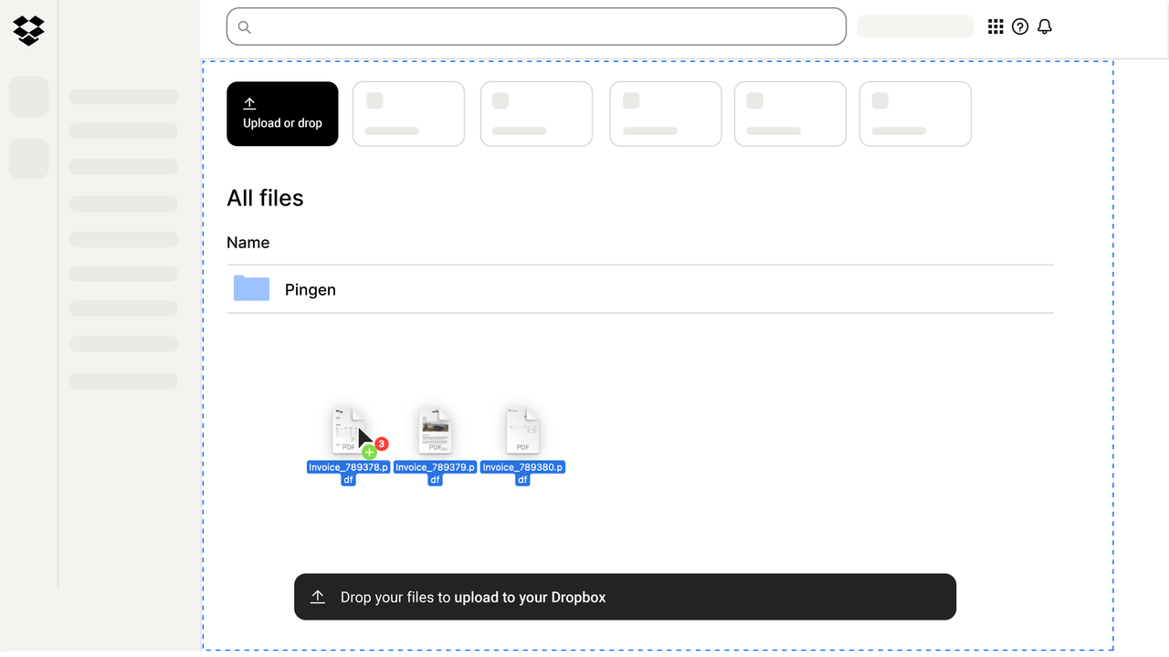 Pingen folder in Dropbox app overview - drag and drop files