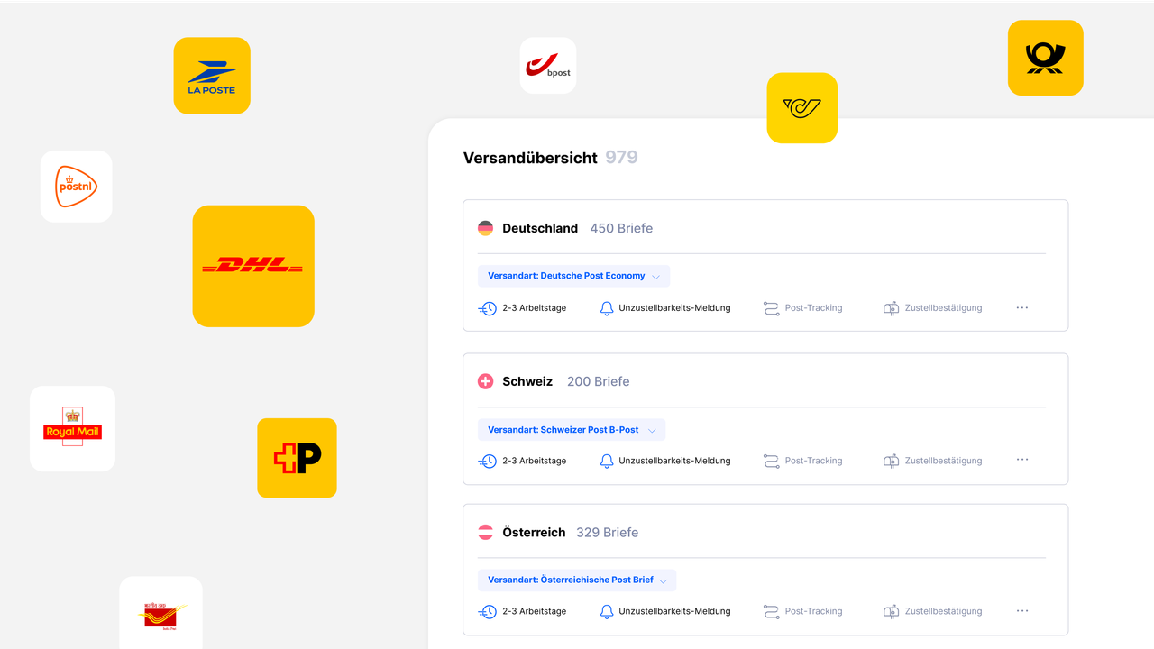 Versandubersicht aus der Pingen-WebApp mit Versandlogos