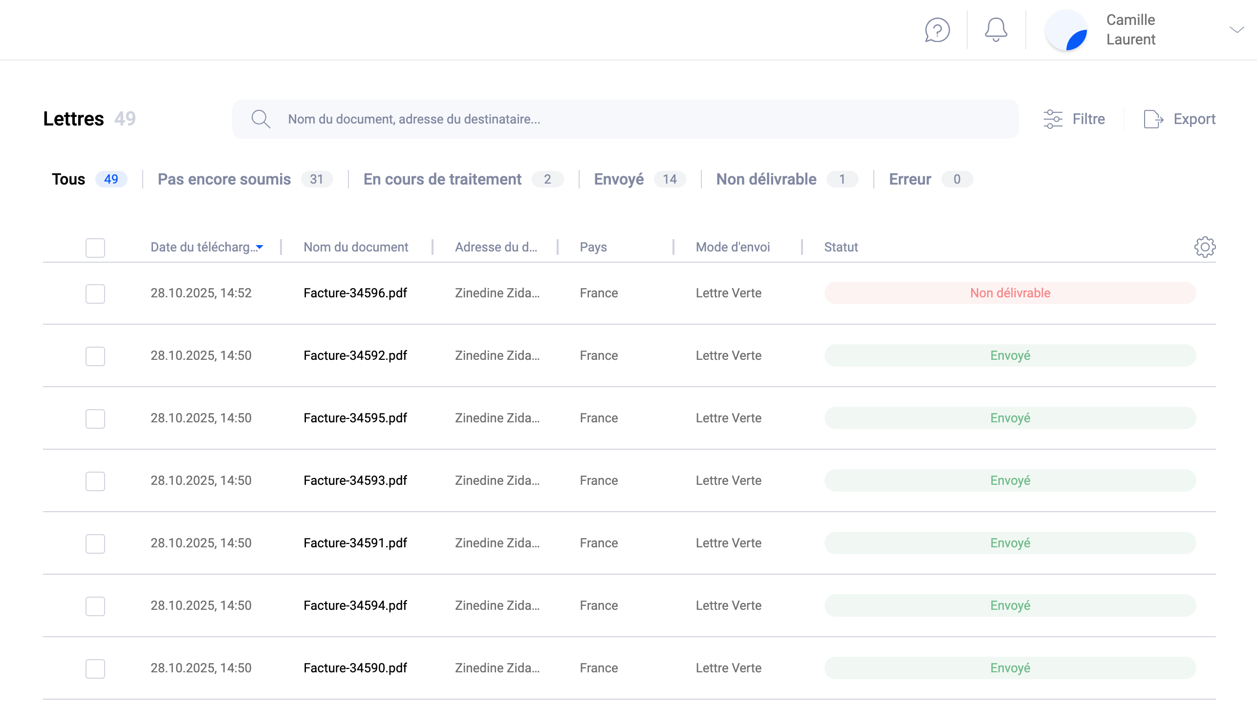 Aperçu détaillé d’une lettre dans l’application Web Pingen