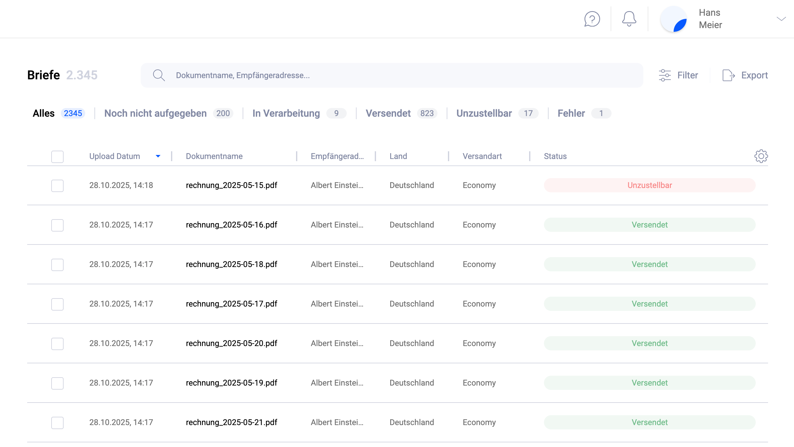 Detailübersicht eines Briefs in der Pingen-WebApp