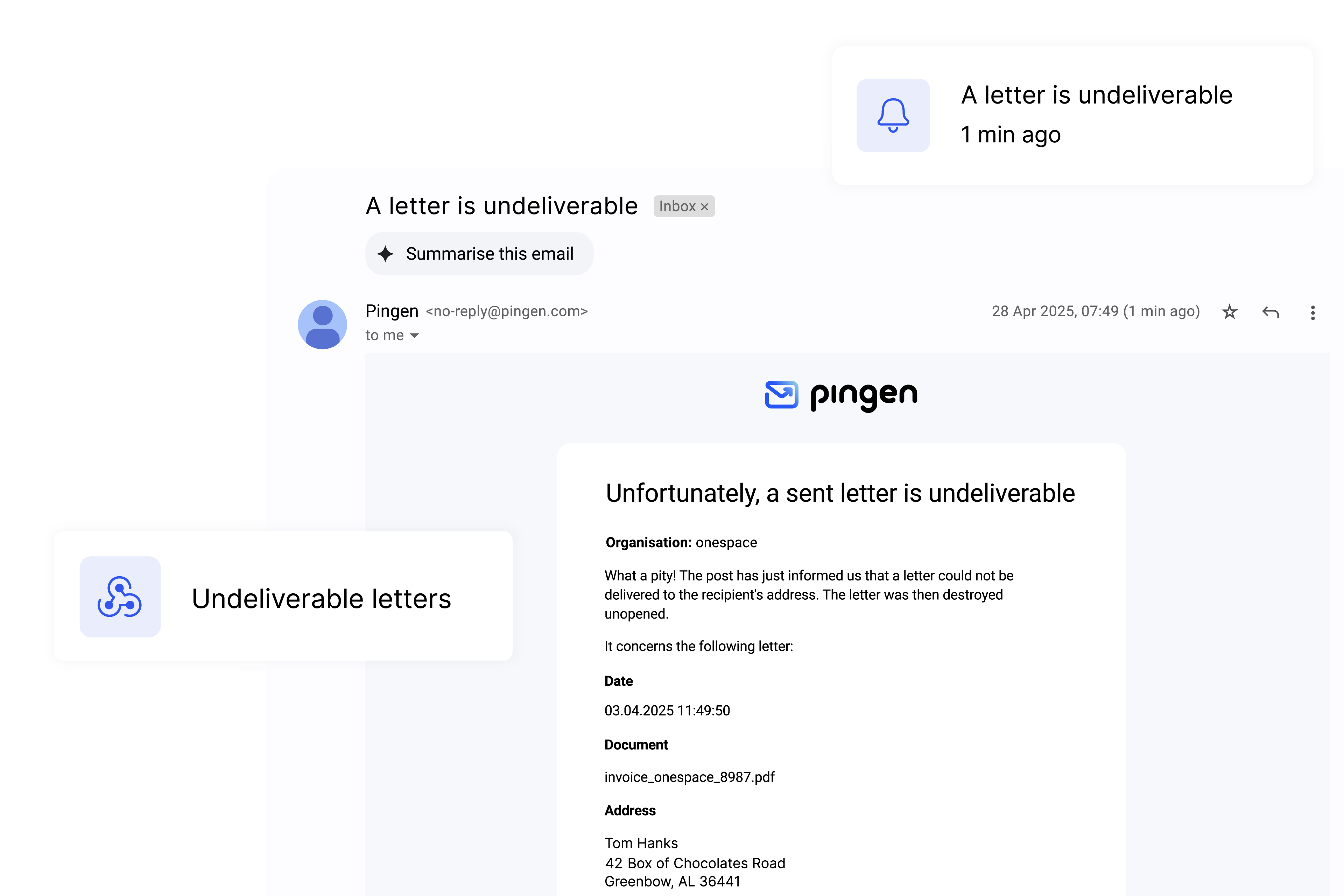 Email notification from Pingen about a returned mail