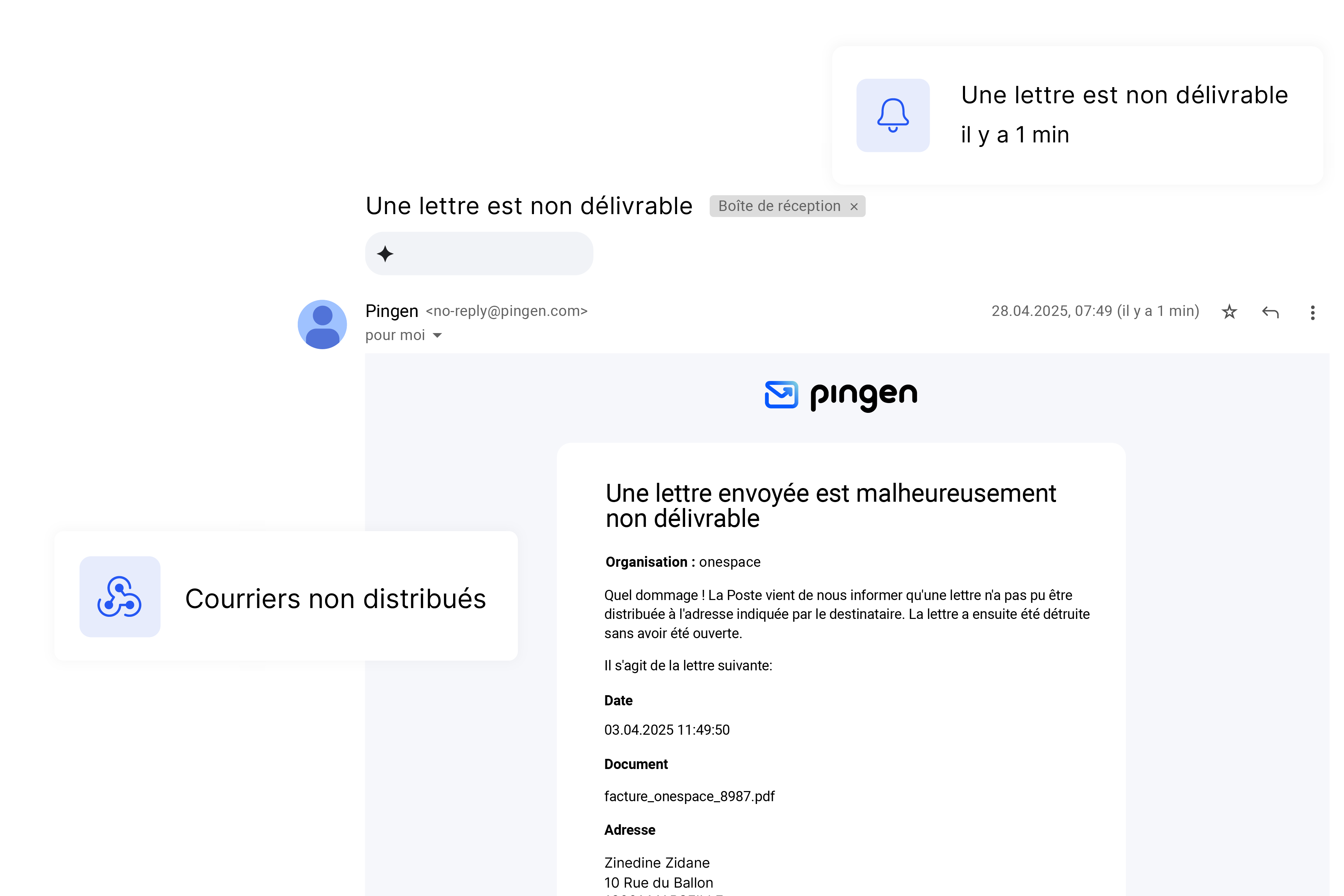 Notification par e-mail de Pingen concernant un courrier non distribuable
