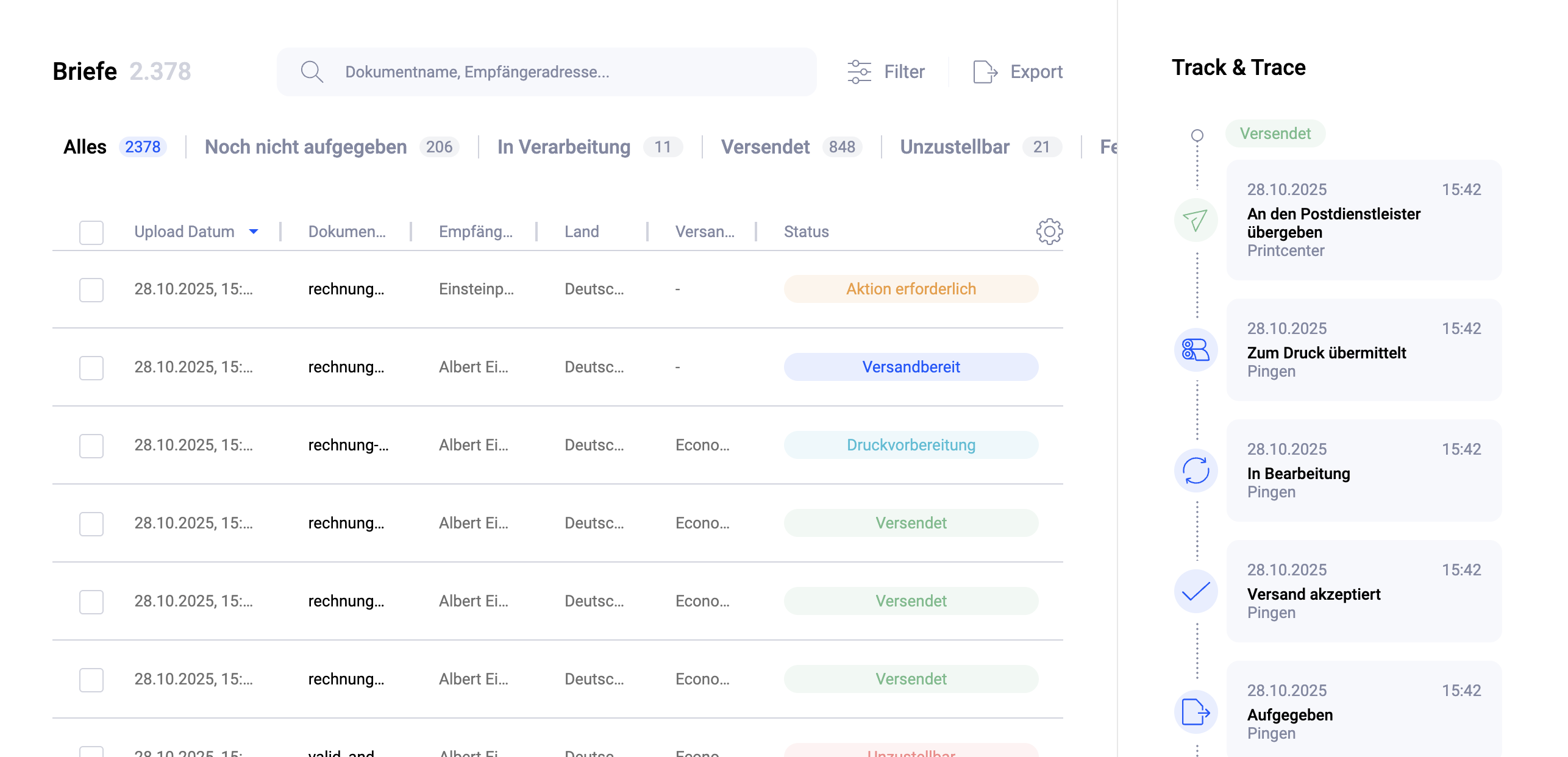 Pingen WebApp zeigt den Echtzeit-Status der Sendungsverfolgung