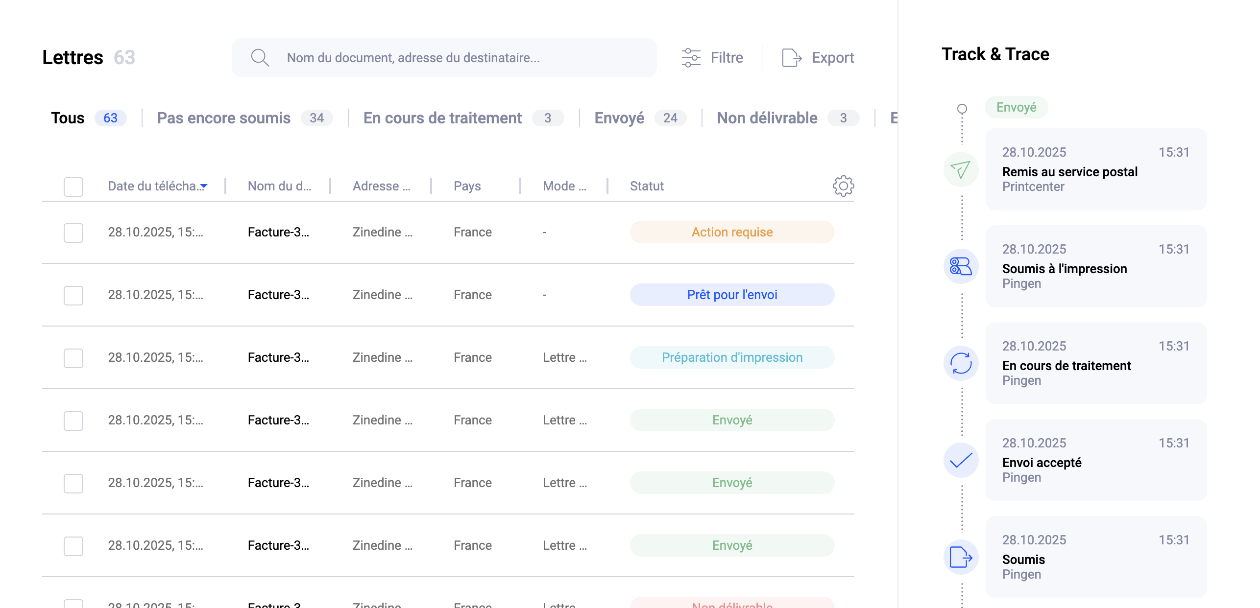 Pingen WebApp affichant le statut de suivi en temps réel