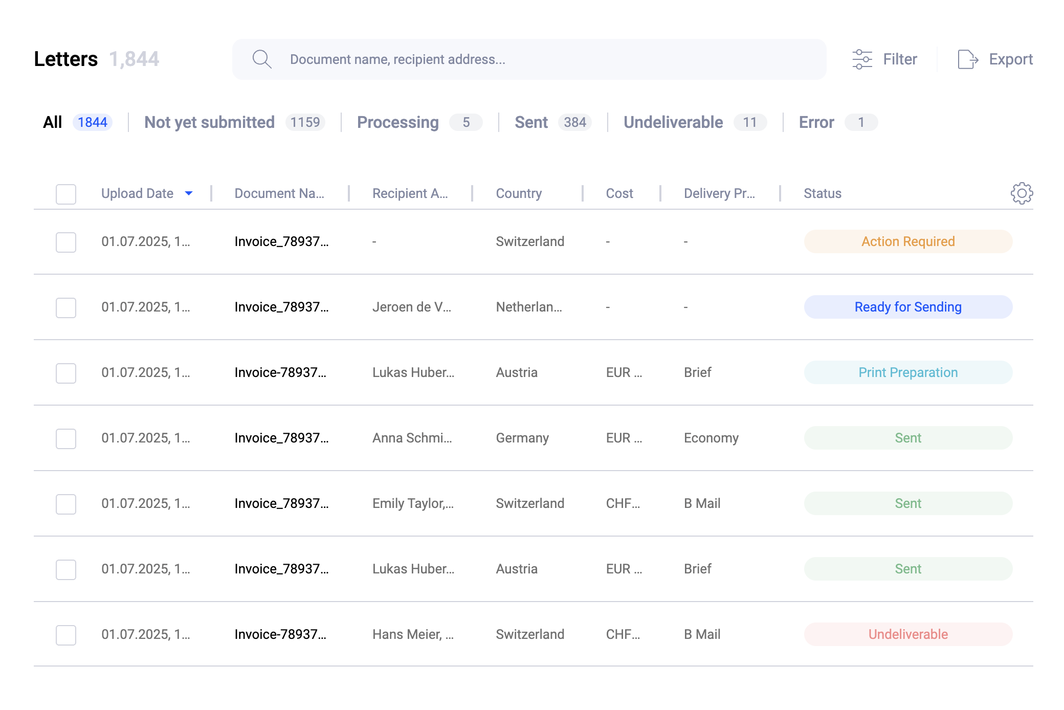 Letter tracking overview in Pingen WebApp