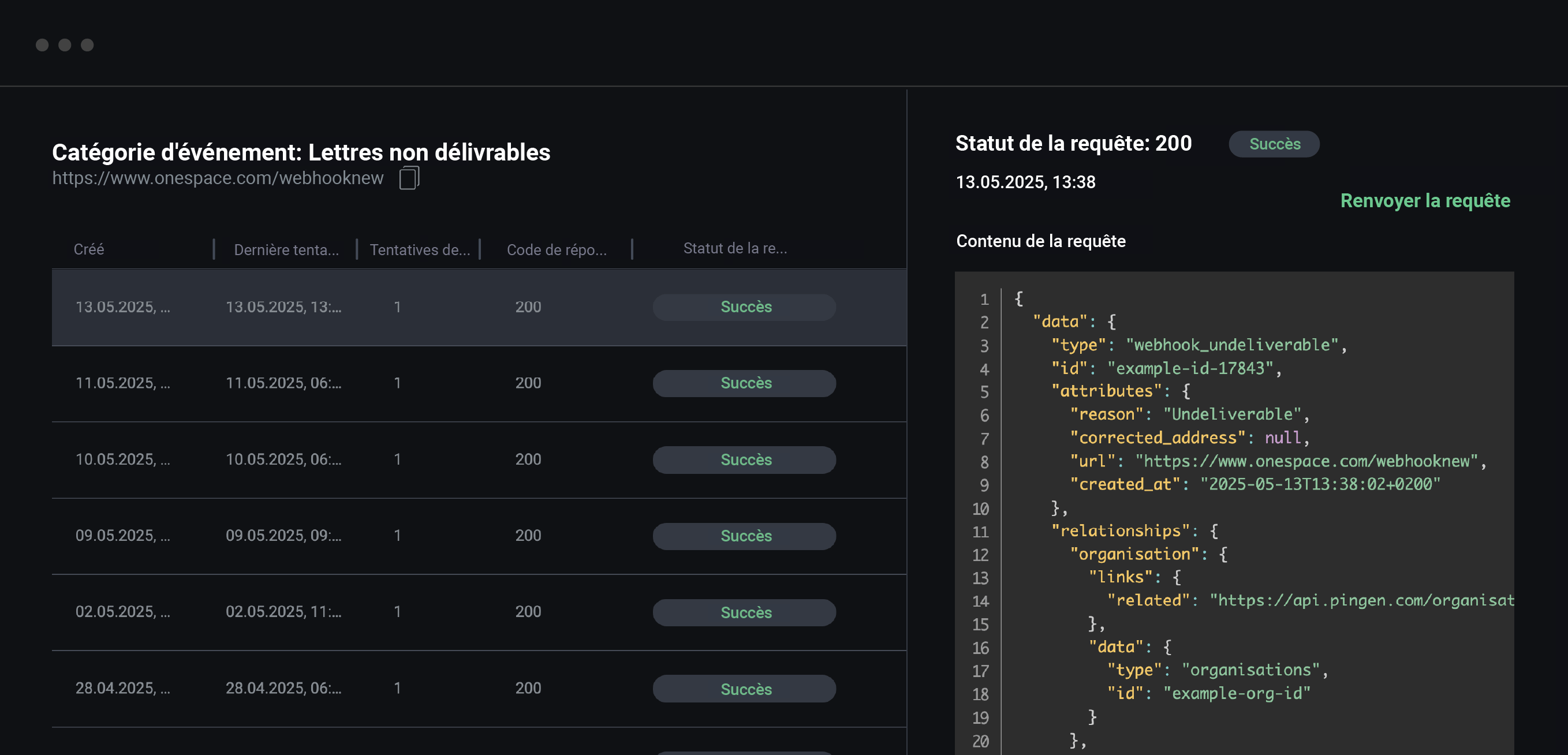 Tableau de bord des webhooks Pingen affichant les détails d’un événement de courrier non distribuable avec charge utile JSON et statut de réussite