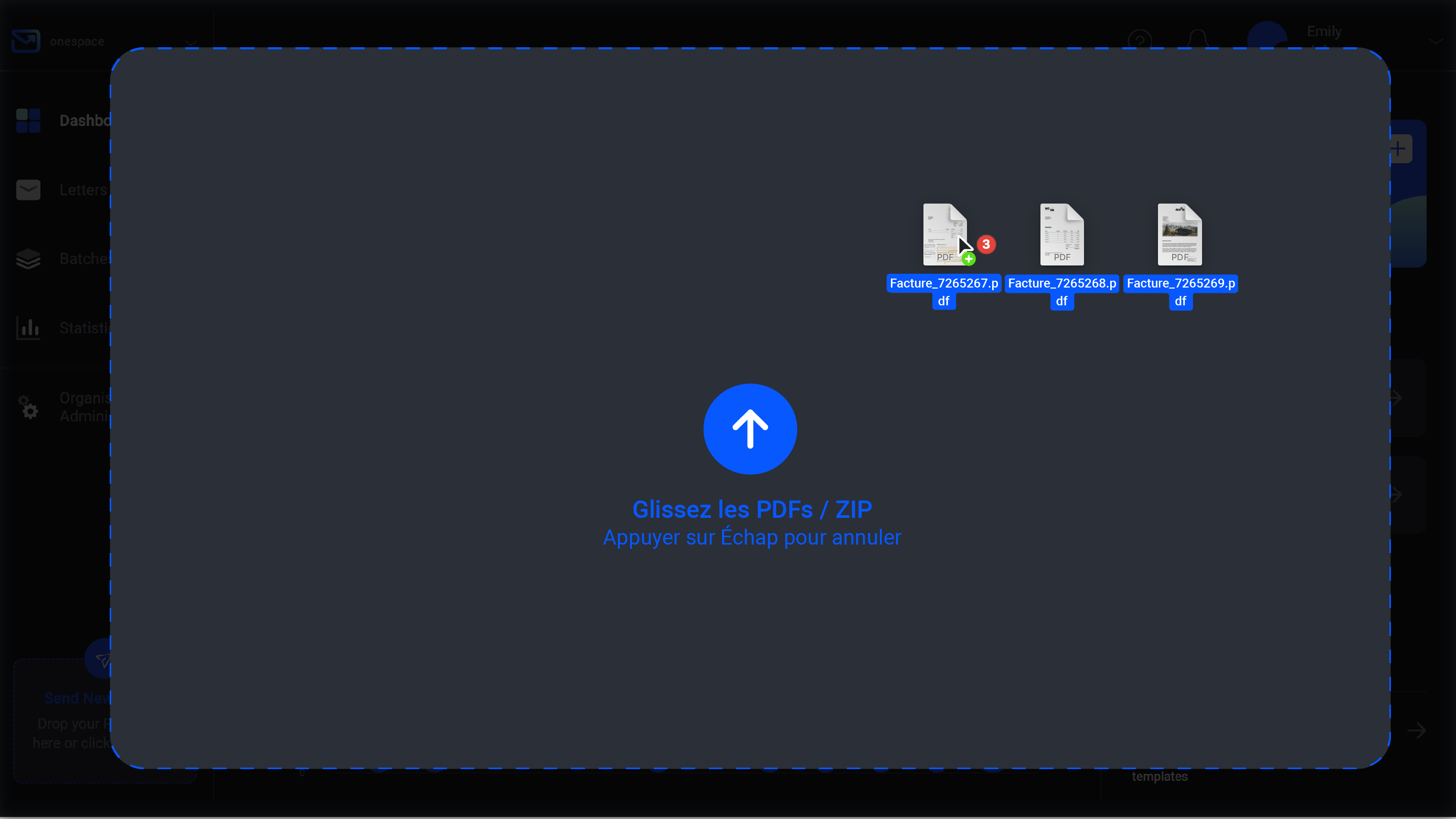 Application Web Pingen avec zone pour télécharger des documents par glisser-déposer