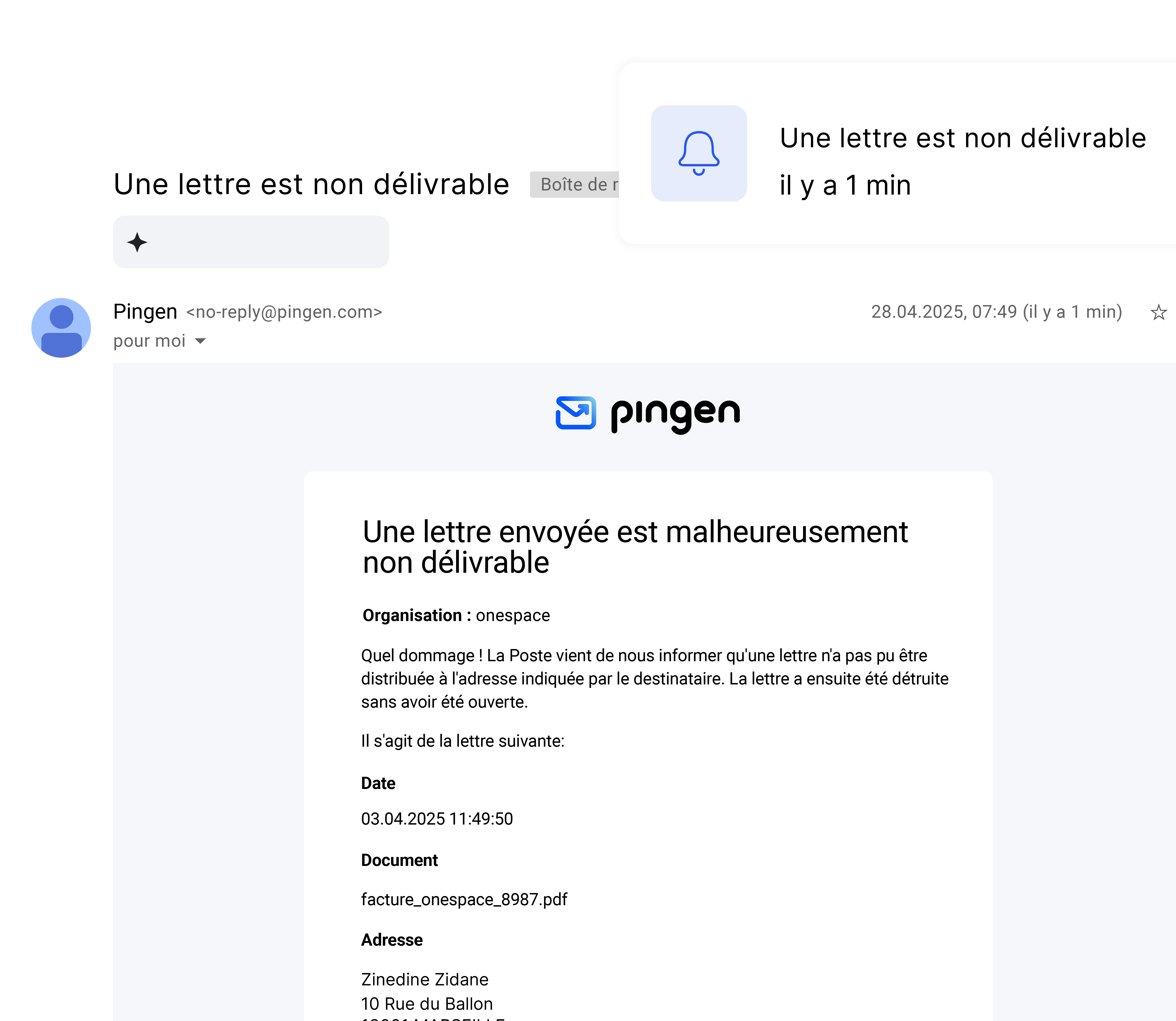 Notification par e-mail de Pingen concernant un courrier non distribuable